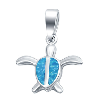 Silver Turtle Charm Pendant Lab Created Blue Opal 925 Sterling Silver